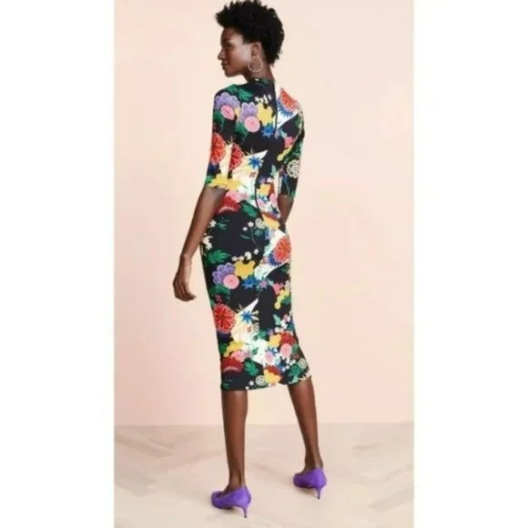 Alice + Olivia Delora Mock Neck Fitted Dress Valley Lake Floral Black.  SZ 8 - Picture 6 of 7
